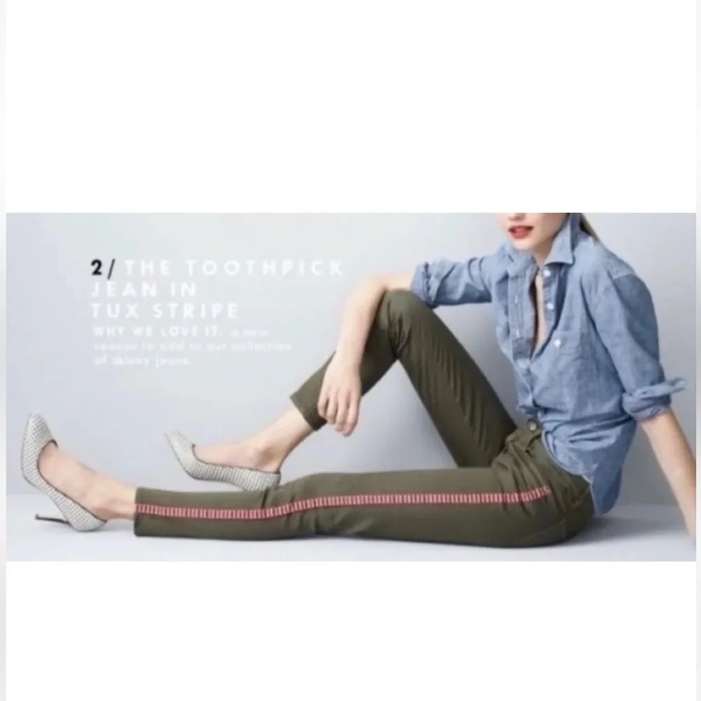 J. Crew Toothpick Jeans Olive Green w Red & White Side Stripes